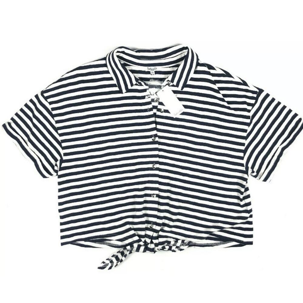 Splendid Womens Size Large L Navy White Button Front Tie Waist Crop Top $108 NWT